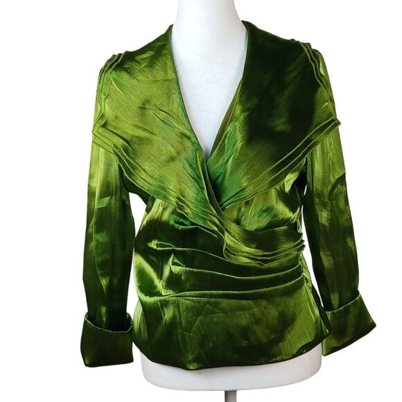 Vintage Y2K Layered Shimmery Green Blouse Early 2000s Formal Glam Xmas Party Top - Picture 3 of 15